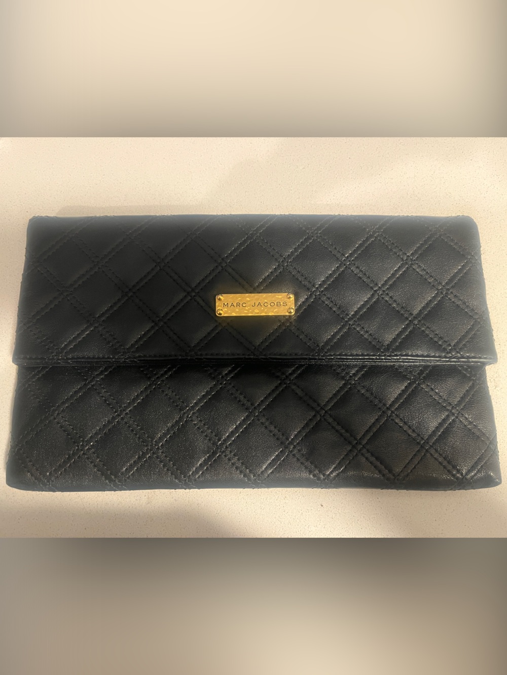 Marc Jacobs Black Quilted Leather Fold-Over Clutch with Gold Plaque